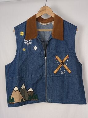 RHYTHM BLUE Vintage Women's Denim Vest Apres Ski Lodge Cabin